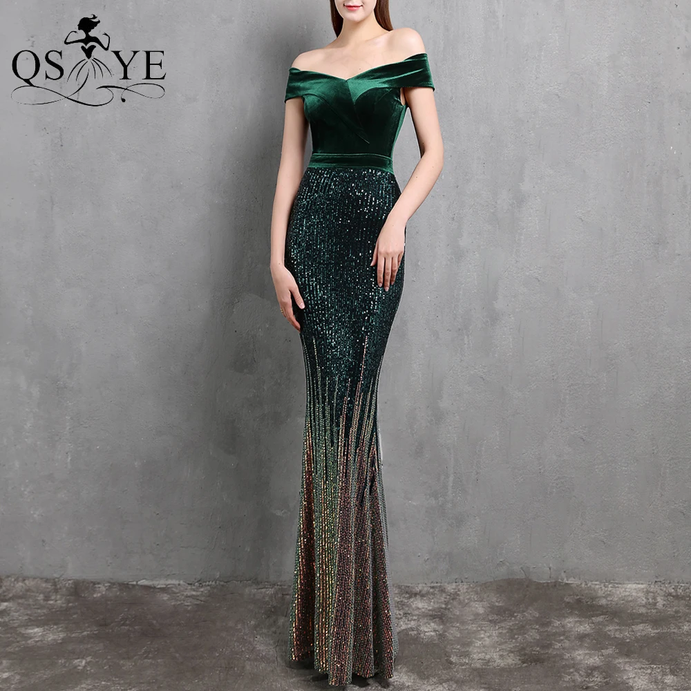 QSYYE vestido de noche de terciopelo verde esmeralda, traje largo con hombros descubiertos de sirena, lentejuelas desteñidas, elegante, parte inferior dorada, vestido de fiesta Formal