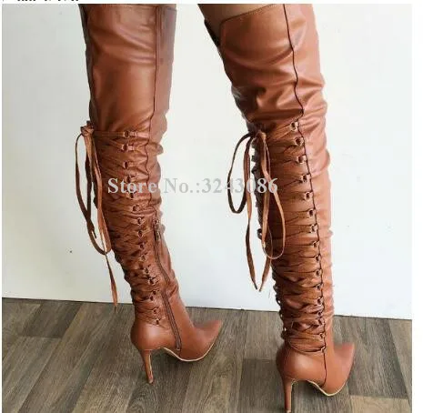 Brown Leather Back Lace-up Over the Knee Boots Women Sexy Black Cross-tie Pointed Toe Long Boots Fashion Female Booties Dropship