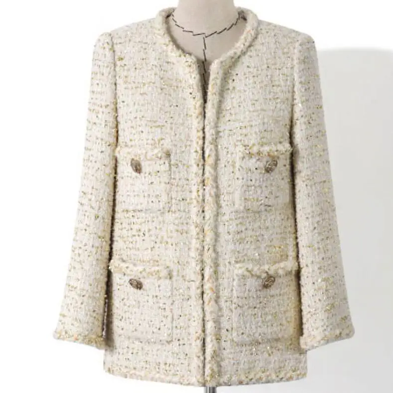 Chaqueta de lana de tweed con fragancia pequeña vintage para mujer, traje largo suelto con cuello redondo, Otoño e Invierno