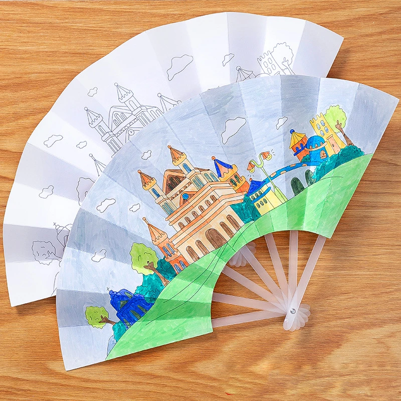 21cm Summer Blank paper fan DIY Painting Toys For Children Cartoon Animal Color Graffiti Origami Fan Art Craft Drawing Toy