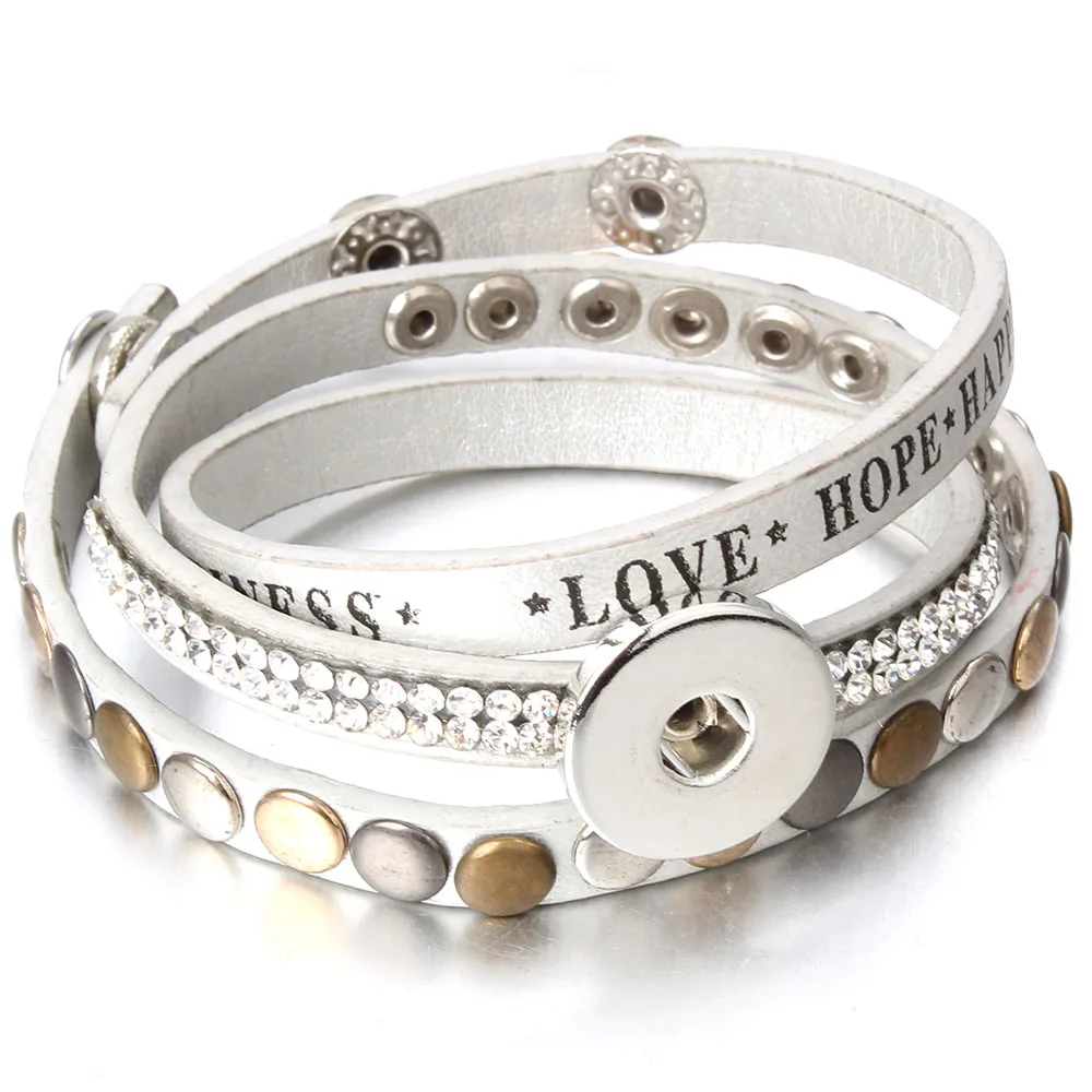 Leather Snap Button Bracelet For Women DIY Charm 18MM 12MM Snaps Crystal Boho Multi Layer Wrap Bracelet Femme Jewelry ZE484