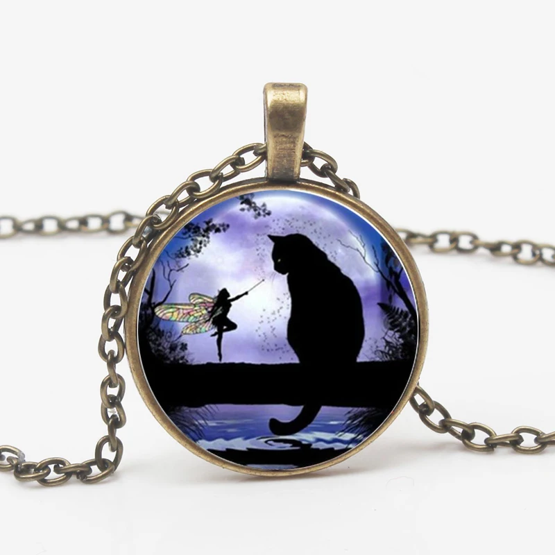 Vintage Glamour Necklace Fairy Black Cat Photo Tibet Convex Round Glass Pendant Chain Necklace Woman Man Gift Souvenir