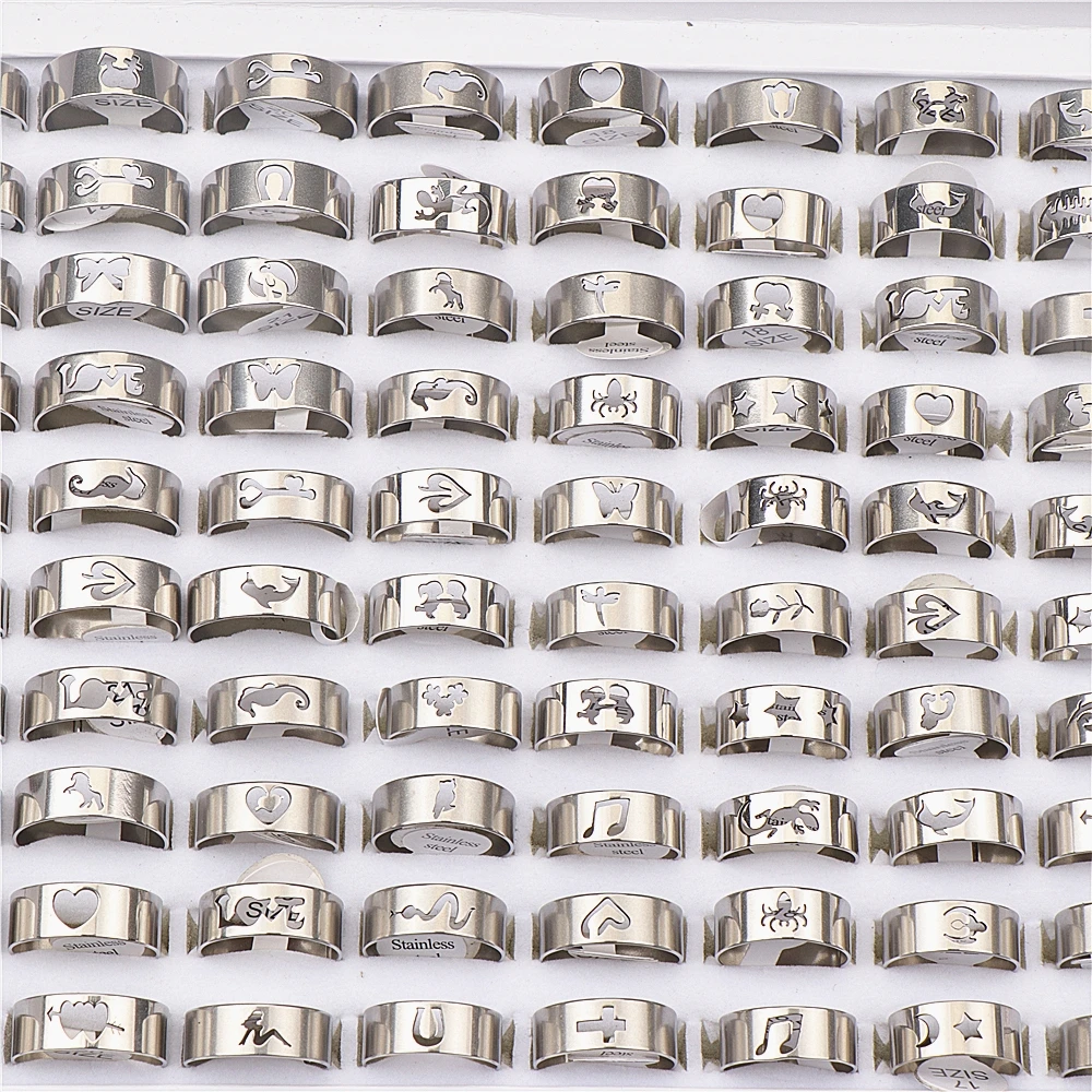 20pcs/Lot Simple Stainless Steel Silver Color Hollow Rings For Women Men Fashion Party Gifts Jewelry Mix Style Wholesale