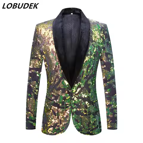 Men's Fashion Green Gold Sequins Velvet Suit Coat Bar Stage Singer Shining Slim Thin Blazers Evening Party Host Suit Jackets