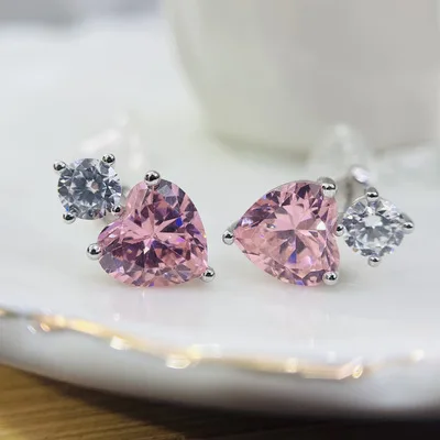 Silver Plated Stud Earrings For Women Pink Cubic Zirconia Love Heart Earring Fine Jewelry Bridal Wedding Ear Studs CCE683