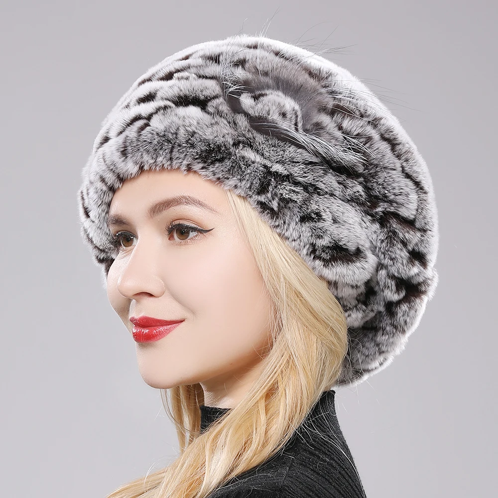 New Lovely Lady Beret Caps Knitted Real Rex Rabbit Fur Beanie Hat Women Winter Rex Rabbit Fur Hats 100% Real Rex Rabbit Fur Cap