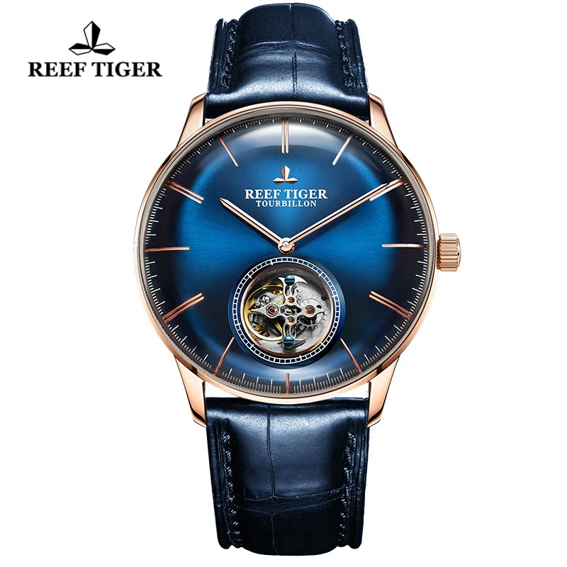 Reef Tiger/RT Luxury Brand Flying Tourbillon Men Watch Blue Rose Gold Automatic Mechanical Watches Genuine Leather Strap Watches