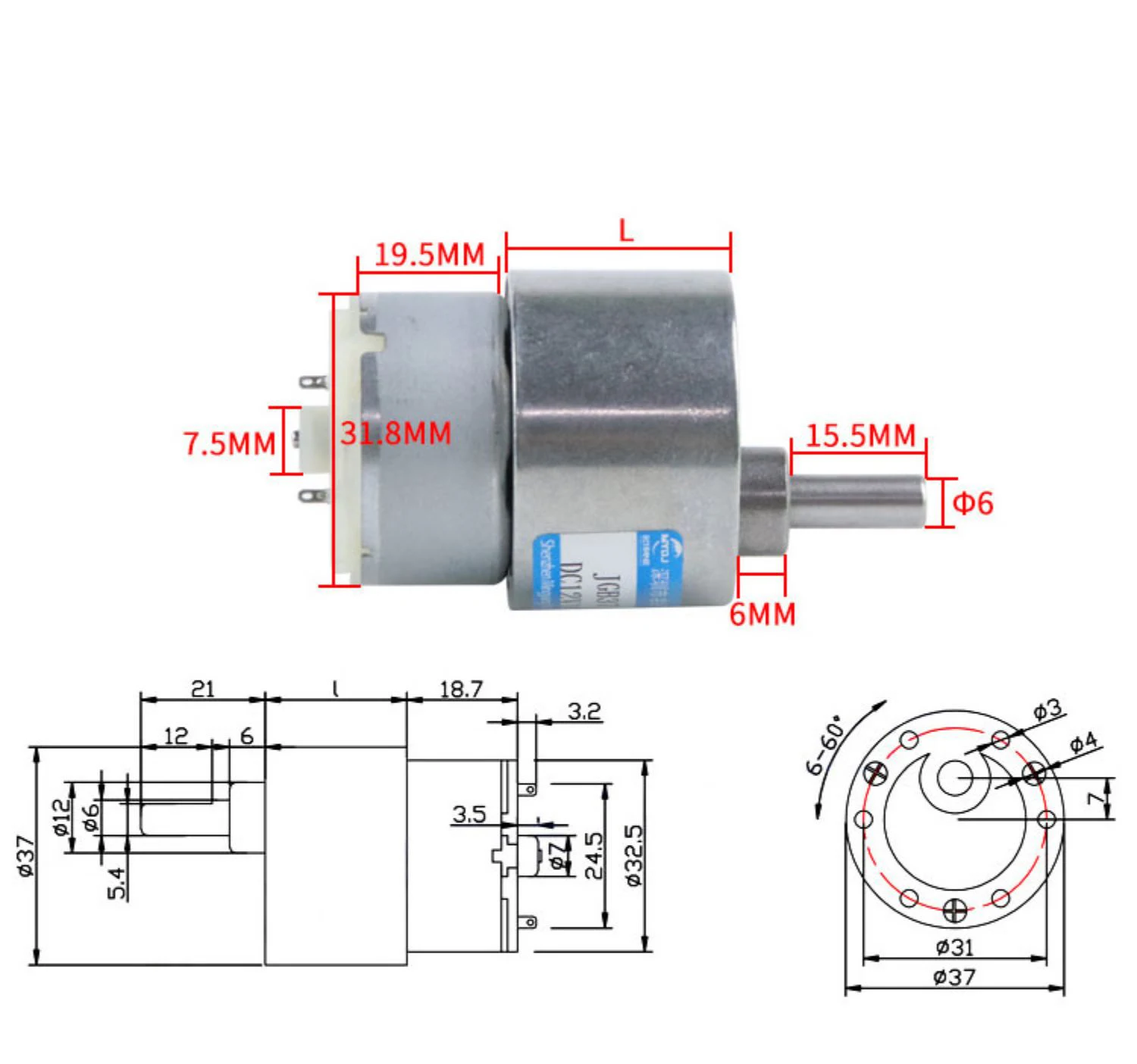 Micro DC-reductiemotor 12V 24V Verstelbare snelheid Vooruit en achteruit JGB37-500 Grote koppel Lage snelheid DC-elektromotor met beugel