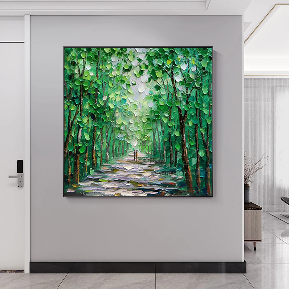 Hand Painted 3 D Abstract Green Wood Painting Palette Knife Green Trees Wall Art Oil Painting On Canvas Living Room Decoration