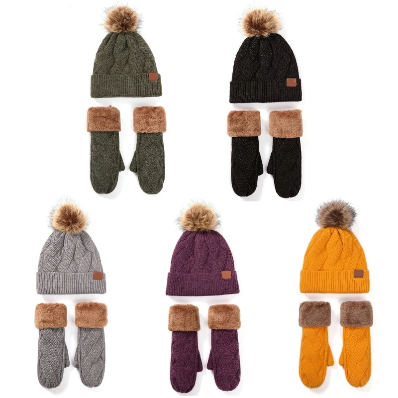 DXAE 2Pcs Women Winter Faux Fleece Lined Warm Cable Knit Pompom Beanie Hat Gloves Set