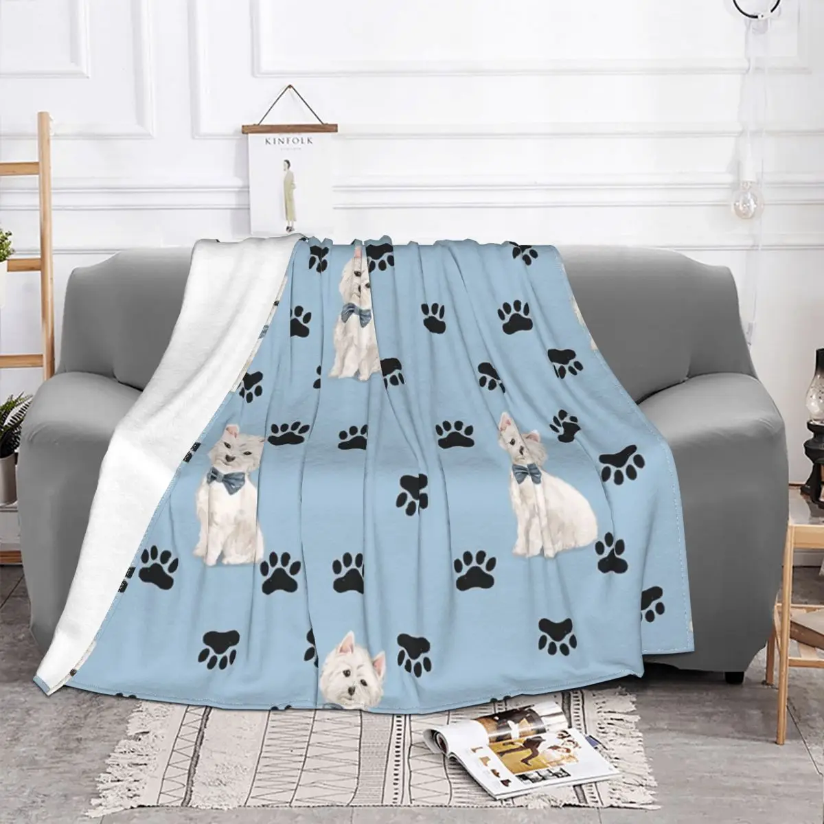 West Highland White Terrier Paw Print Blankets Westie Dog Flannel Throw Blankets Home Couch Portable Soft Warm Bedspreads