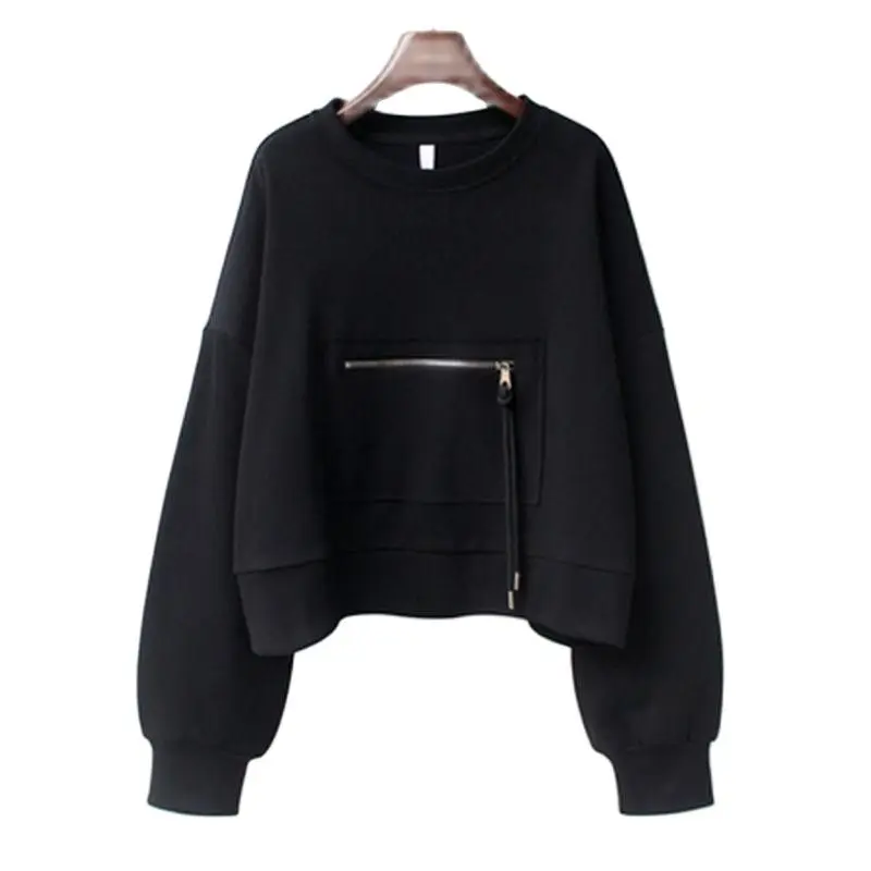 Pullovers Women Sweatshirt Solid Color Zipper Draw String Fashion Casual Ladies Tops Long Sleeve O-neck Streetwear Sweatshirts