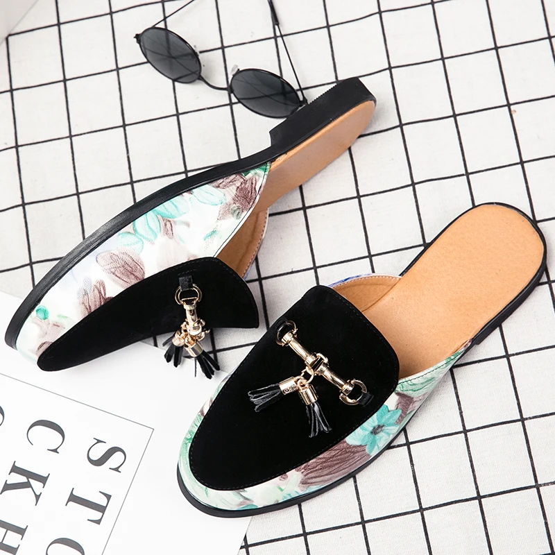 Luxury Tassel Men Slipper Summer Winter Mules Buckle Loafers Mens Leather Retro Flats Heels Party Slippers Slides Slip On Shoes