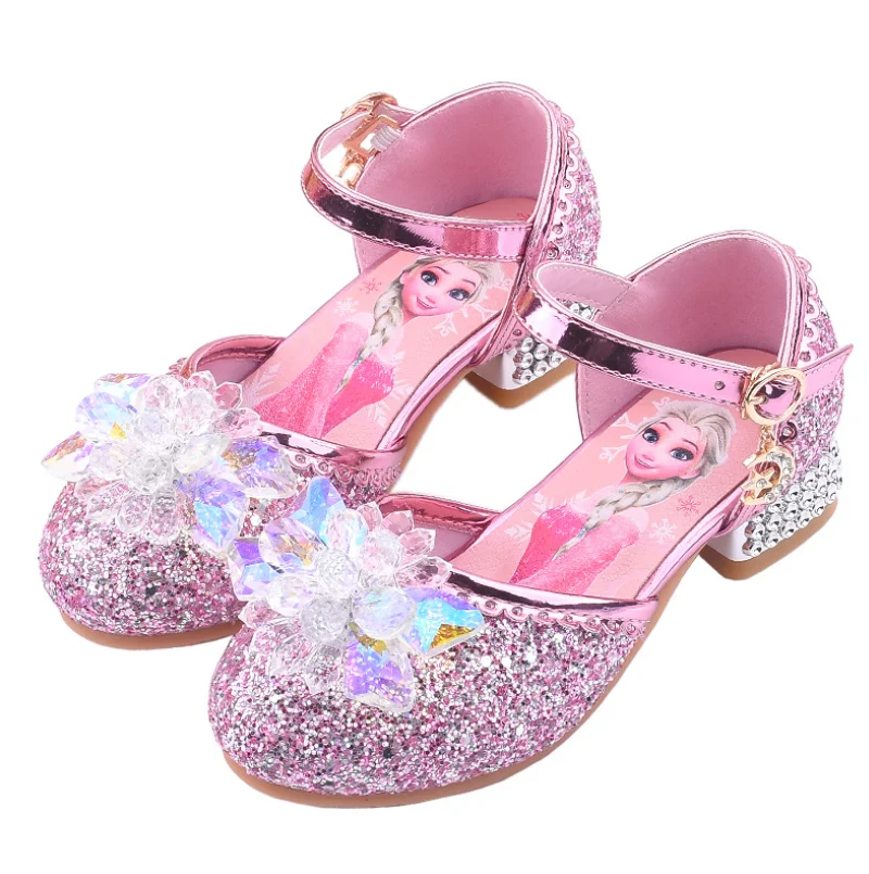 Disney Frozen Girls Lovely Cartoon Elsa Sandals Fashion Crystal Shoes For Baby Girls Soft Leather Single Shoes Princess Sandals