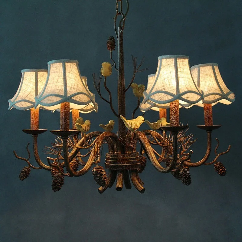 

Loft Pine Cone Chandeliers lamp Bar Antique Bird light Restaurant branch Chandelier for Living Room Iron rustic cloth lamp shade