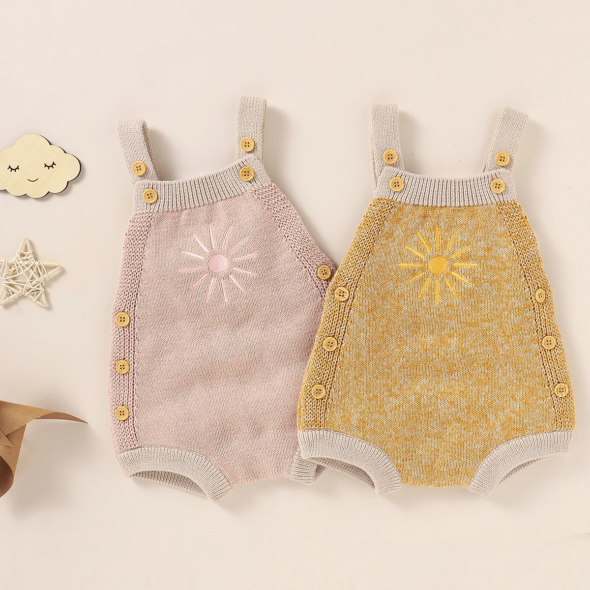 

2021-07-02 Lioraitiin 0-18M Newborn Baby Boy Girl Autumn Bodysuit Sleeveless Knitting Sun Printed Jumpsuit 2Styles