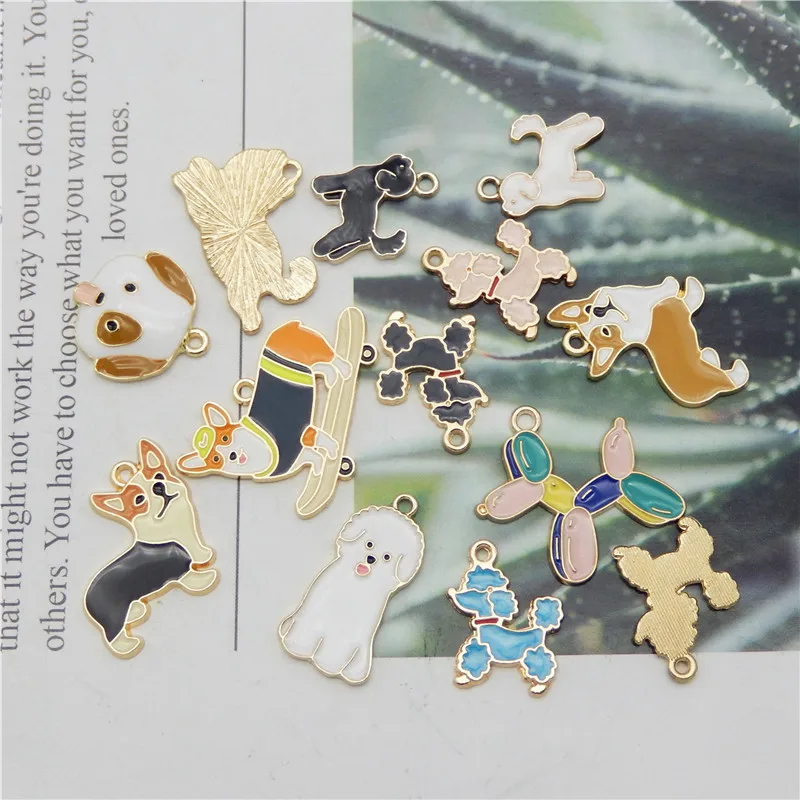 Julie Wang 13PCS Enamel Dog Charms Mixed Corgi Poodle Teddy Shiba Alloy Animal Pendants Jewelry Making Necklace Accessory