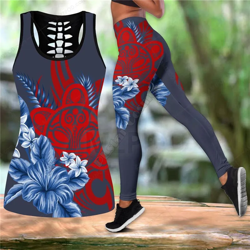 

Puerto Rico Floral Sol Taino Combo Outfit Leggings and Hollow out Tank Top Suit Yoga Fitness Soft Legging Summer Women For Girl