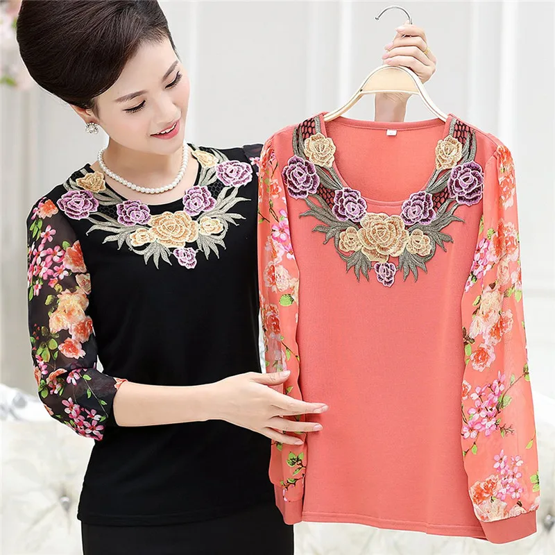 Spring Summer Women Tee Shirts Chiffon Sleeve Knitting T-Shirt Embroidery Collar Tops Shirts Blusa Mother Clothing Feminina