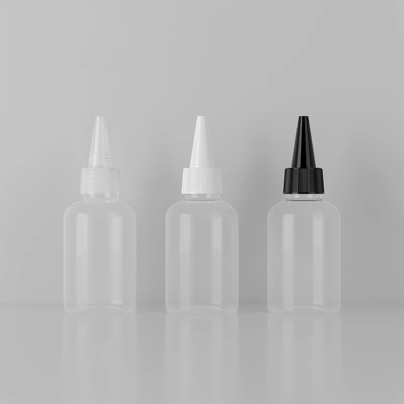 50ML X 100 Empty Plastic Bottle, Clear PET Bottle With Transparent/White/Black Twist Top Caps Pointed Mouth Top Lid