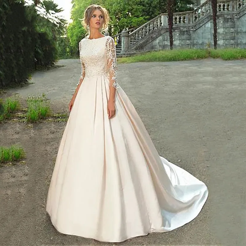 2021 vestido de casamento de manga longa a linha de renda apliques cetim vestido de noiva com contas vestido de noiva de princesa vestido de noiva