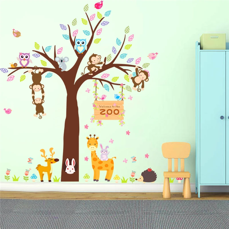 lovely owl monkey giraffe tree zoo wall stickers for kids rooms home decor cartoon animals wall decals pvc mural art diy posters