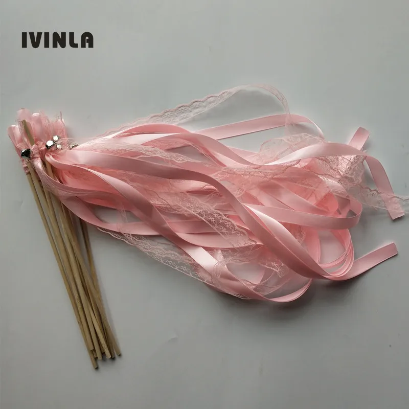 50pcs/lot pink Lace wedding ribbon wands  with sliver bell for wedding decoration