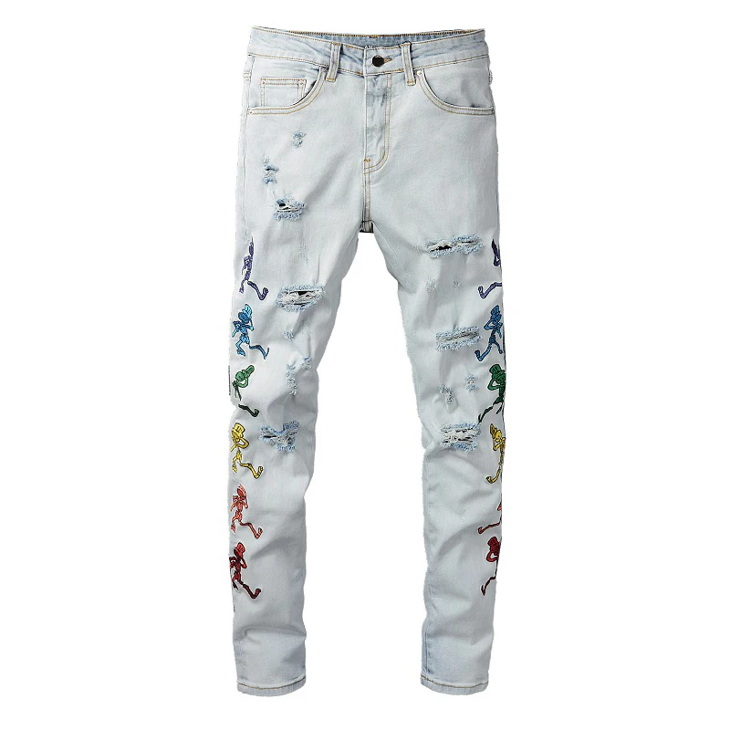 

New Men's High Street Summer Male Light-colored Destroyed Washed Hole Jeans Skull Ghost Embroidered Pants Ripped Trousers 673