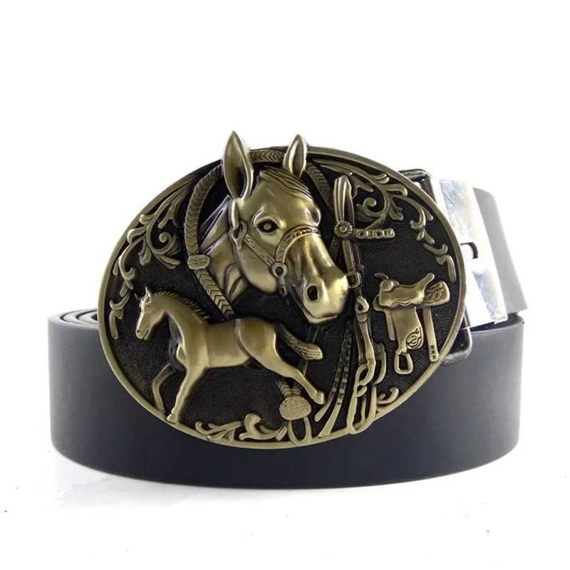 Black Casual Western Men's Waist Hip Belt Horse Metal Buckle Cowboy Fashion Accessories for Clothing Boyfriend Birthday Gifts