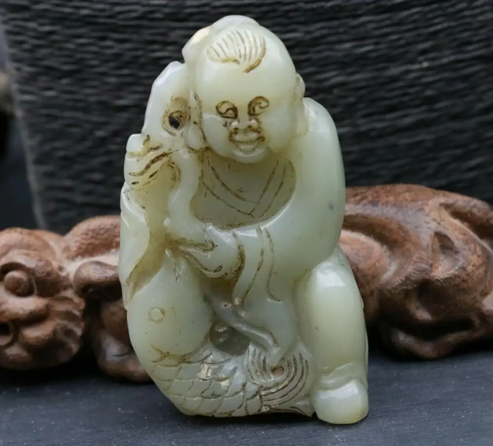 Big Treasure Chinese Vintage Hetian Jade Lucky Boy w RUYI FISH Totem Carving Amulet Timestown