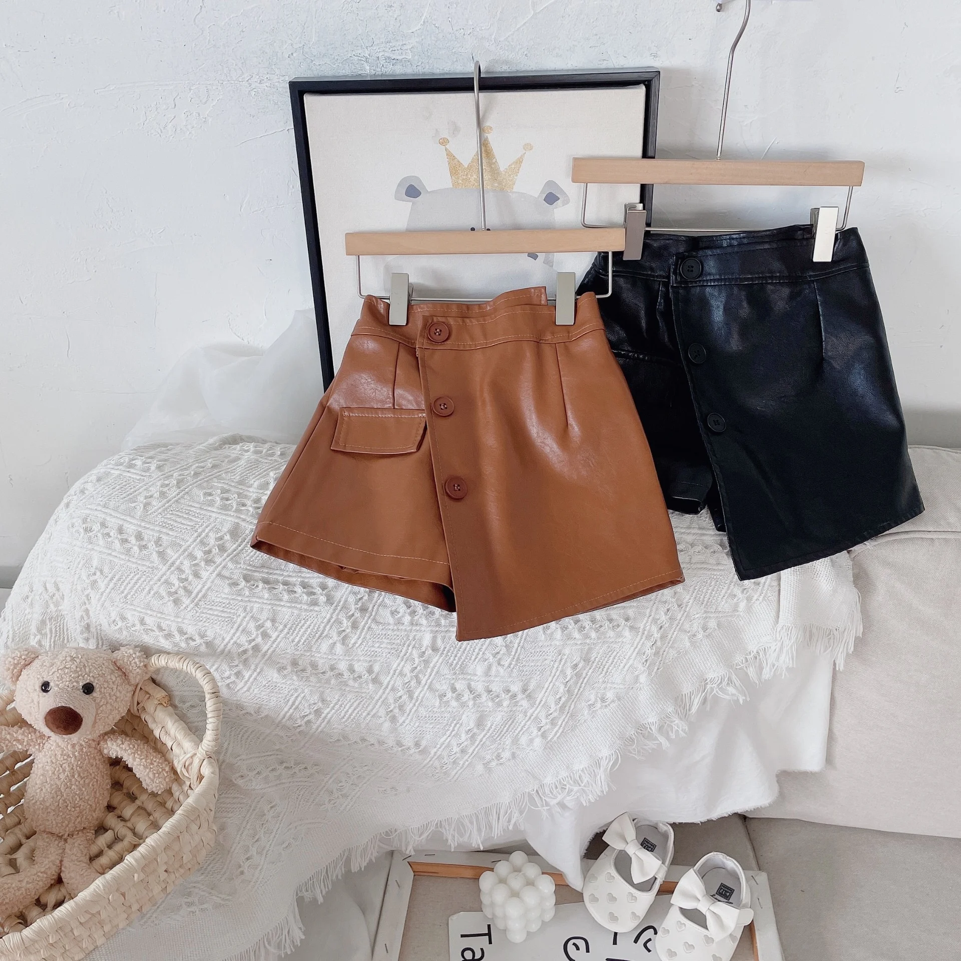 Leather Girls Skirt Pants Irregular Autumn New Pocket Skirts For Baby Girls 2-7Y Fashion Children Clothing Coffee Black Pants