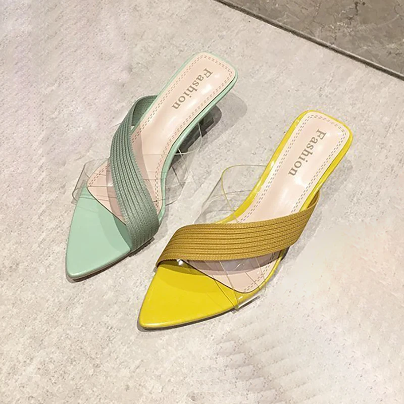 Summer Women Yellow Green Beige Pumps Sandals For Ladies Sexy Mules High Heels Slip-on Slippers Slides Shoes New 2021