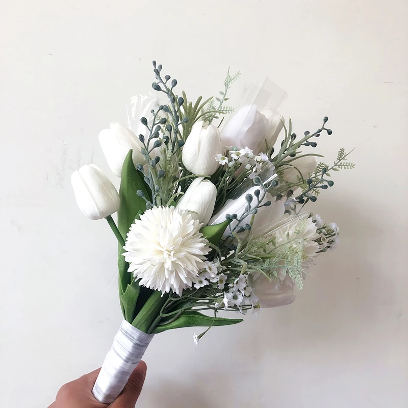 Boutique nuziale piccolo mazzo di tenuta a mano per damigella d'onore e fiori neonata Bouquet da sposa tulipano bianco Ramos De Flores