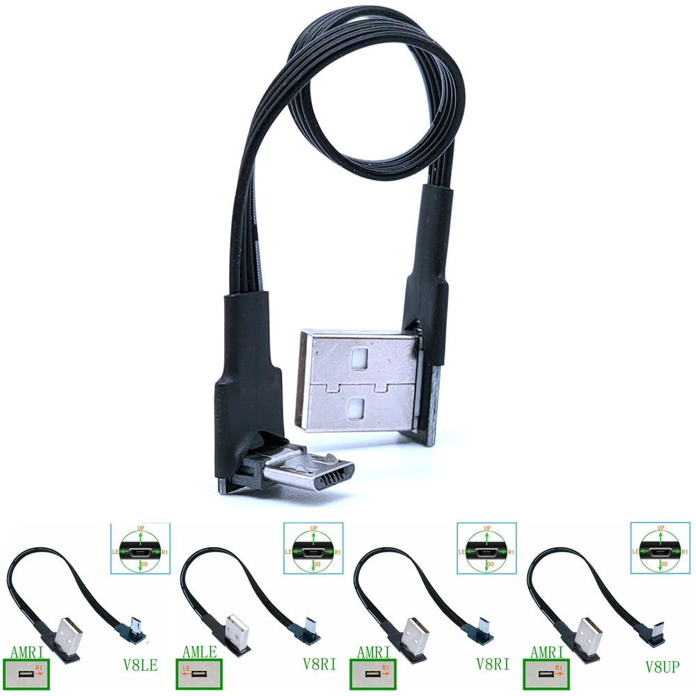 Línea de carga de datos Micro USB de codo plano, cable de datos universal USB izquierdo y derecho para teléfonos Android 5CM-100CM