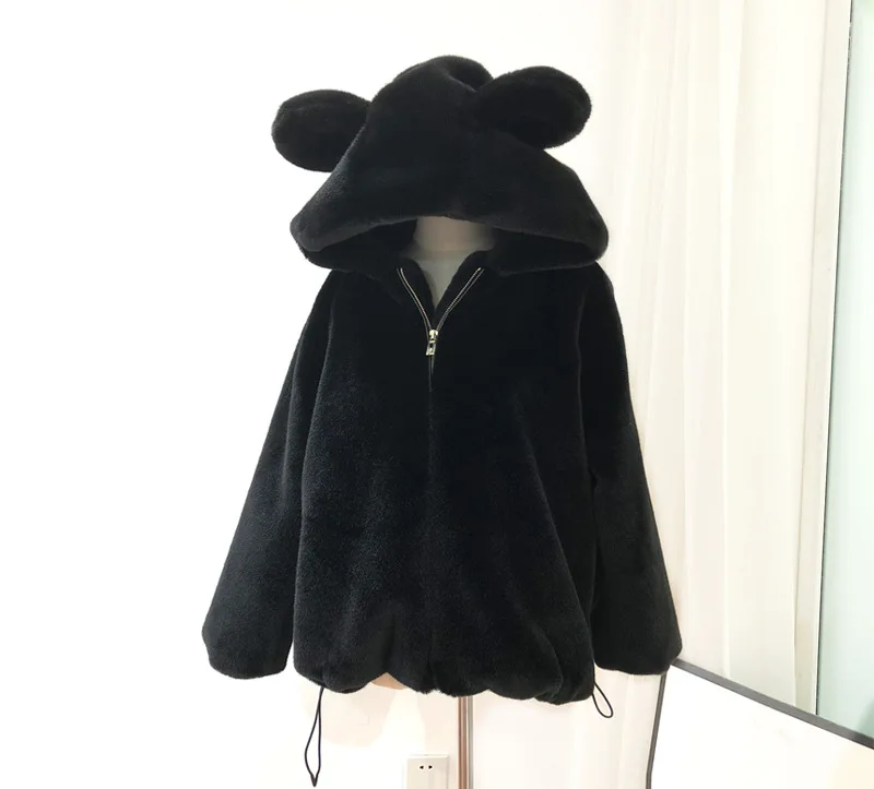 Winter Kawaii Lolita Faux Fur Jackets Women Fashion Bear Head Style Coats Women Elegant Solid Female Ladies Cute Rabbit Fur Coat