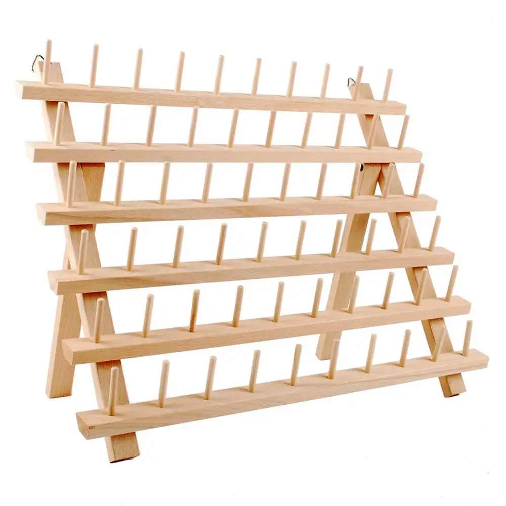 

60-Spool Wooden Thread Holder Sewing and Embroidery Thread Rack and Organizer Thread Rack for Sewing with Hanging Hooks
