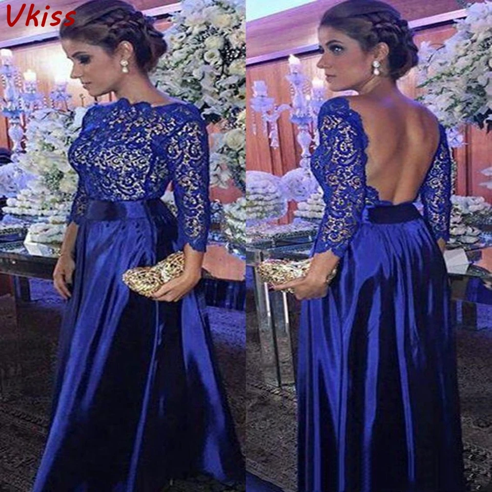 Royal Blue Elegant Formal Party Evening Dresses 2020 Backless Vestios Gala Robe De Soire Prom Gown Women Lace Long Sleeves Dress