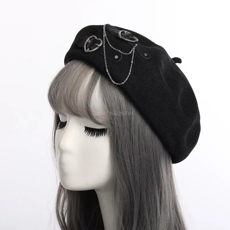 Sweet Cool Punk Beret Lolita Hat Cute Girls Japanese Heart Buckle Beanie Hat Kawaii Preppy Style Girl Beret