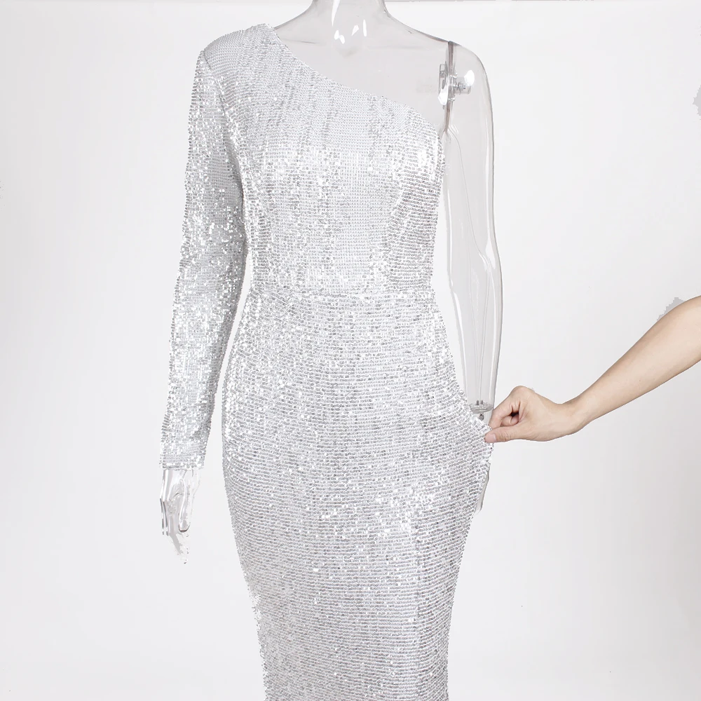 Single Sleeve Silver Sequined ไหล่ Maxi ชุด Bodycon ความยาวชุดราตรีชุดราตรี