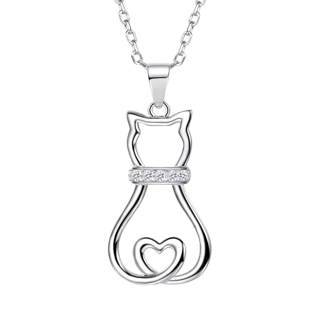 Collare  925 Sterling Silver Cat Pendant Cubic Zirconia Lovely Cute Animal CZ Jewelry Girl's Dainty Gift Necklace Women P601