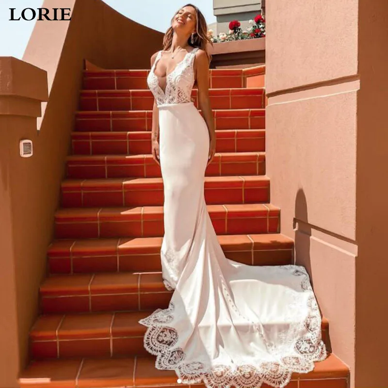 Lorie laço sereia vestido de casamento sexy com decote em v vestidos de novia laço do vintage sem costas vestido de noiva de cetim macio