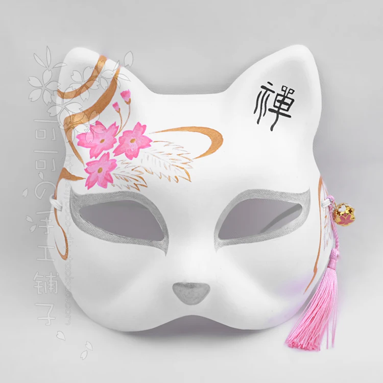 Fox Cat Mask Hand-Painted Japanese Style Cos Anime Cherry Blossom Zen Character Handmade Cosplay Dance Mask Customization