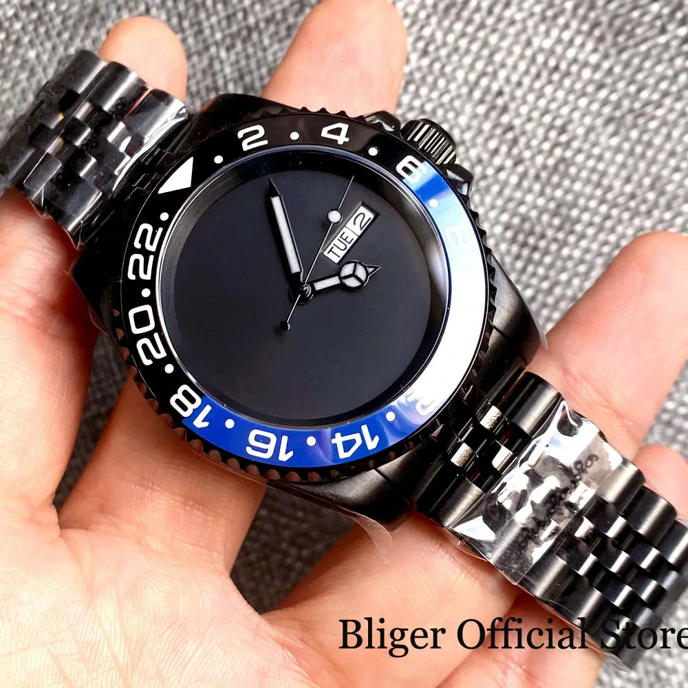 BLIGER Diver Swim 10 ATM New  NH36A PVD Black Selfwinding Men Watch Weekday Jubilee Band Black&Red Insert Non-Index Dial