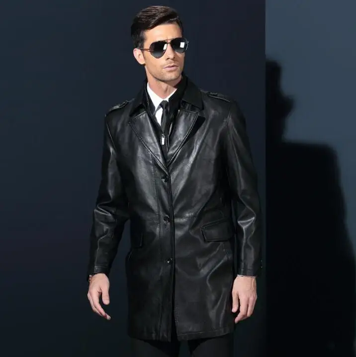 

winter middle-aged jacket Autumn clothing New long Trench coat men's Genuine leather jackets