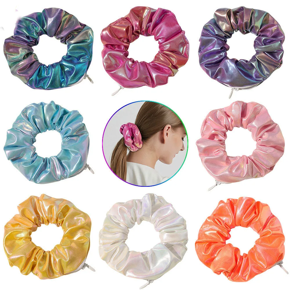 New Creative Designs Laser color Zipper Scrunchies Women PU Leather Hairbands Pocket Scrunches With Zip Hair Accessories