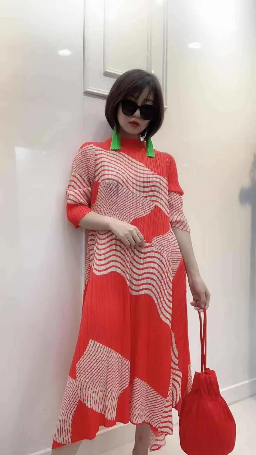 HOT SELLING Miyake Fold geometric print stand neck half sleeve big A-Line dress  IN STOCK