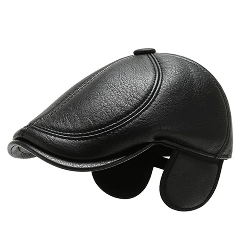 SILOQIN New Middle-aged Men's PU Leather Cap Winter Faux Leather Warm Berets Men Thick Earmuffs Hat Adjustable Size Tongue Caps