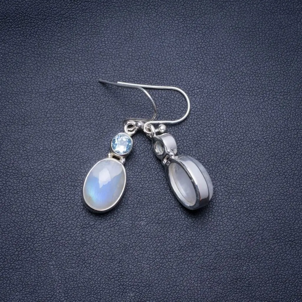 

Natural Rainbow Moonstone and Blue Topaz Handmade Unique 925 Sterling Silver Earrings 1.25" X4383