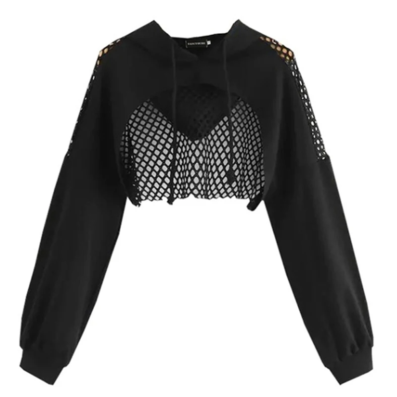 Mesh Patchwork Crop Top Sweatshirt Hoodies Women Harajuku Hoodie Sweatshirt Clothes Gothic Long Sleeve Cropped Hoodie