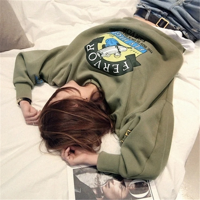 Jielur Winter Autumn New Harajuku Funny Cartoon Tracksuit for Women Pullover Fleece Hoodies Loose Female Sweatshirt Army Green